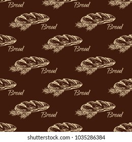 Vintage bakery sketch style seamless pattern. Set of fresh bread. Hand drawn illustration of bread  and bakery product. Bakery hand drawn backgrownd. Vector brown and  white engraving  illustration.
