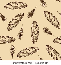 Vintage bakery sketch style seamless pattern. Set of fresh bread. Hand drawn illustration of bread  and bakery product. Bakery hand drawn backgrownd. Vector brown and  white engraving  illustration.