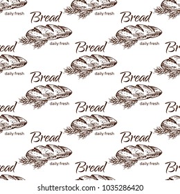 Vintage bakery sketch style seamless pattern. Set of fresh bread. Hand drawn illustration of bread  and bakery product. Bakery hand drawn backgrownd. Vector brown and  white engraving  illustration.