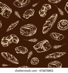 Vintage bakery sketch style seamless pattern. Set of fresh bread. Hand drawn illustration of bread  and bakery product. Bakery hand drawn backgrownd. Vector brown and  beige engraving  illustration.