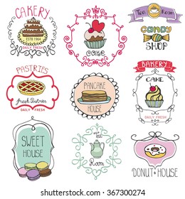 Vintage Bakery sweet cakes logo badges and  labels.Hand drawing doodles logotypes.Retro Collection for cafe,menu branding.Vector colored set