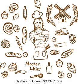  Vintage Panadería vectorial íconos de doodle dibujados a mano con la pastelería de figuritas de cocinero y productos horneados. Estilo de boceto de dibujos.Jefe de Baker, propietario de negocios al estilo de las caricaturas