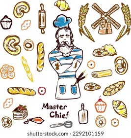 Vintage Bakery vector hand drawn doodle icons set with cook figurine bakery shop and baked goods. Doodle sketch style.Baker master chief ,business owner in cartoon style