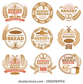 Vintage bakery vector labels with wheat ears and bread symbols. Bakery vintage badge and emblem illustration