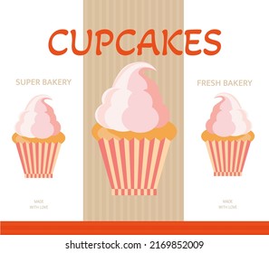 Cupcakes Cardboard Vintage Bakery vertical banner collection. Fresh Bakery, Super Bakery, Made with Love. Vector Illustration.