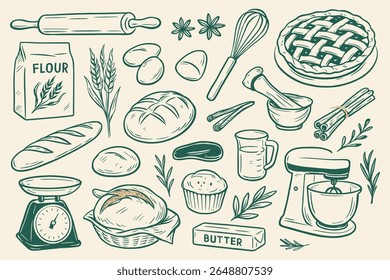 Vintage baking ingredients and tools illustration for culinary arts and baking themes Food