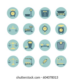 Vintage balance, electronic and mechanical scales, weight measurement flat vector icons