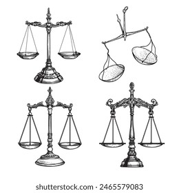 Vintage balance scales set. Sketch hand drawn engraving retro style. Weighing, libra, justice symbols collection. Vector illustrations isolated on white.