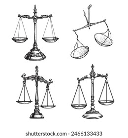 Vintage balance scales set. Sketch hand drawn engraving retro style. Weighing, libra, justice symbols collection. Vector illustrations isolated on white.