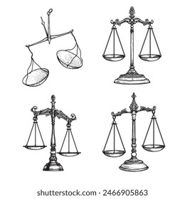 Vintage balance scales set. Sketch hand drawn engraving retro style. Weighing, libra, justice symbols collection. Vector illustrations isolated on white.