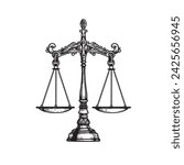 Vintage balance scales. Sketch hand drawn engraving retro style. Weighing, libra, justice symbol. Vector illustration isolated on white.