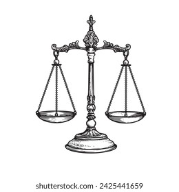 Vintage balance scales. Sketch hand drawn engraving retro style. Weighing, libra, justice symbol. Vector illustration isolated on white.