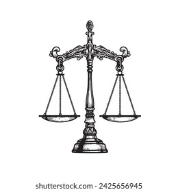 Vintage balance scales. Sketch hand drawn engraving retro style. Weighing, libra, justice symbol. Vector illustration isolated on white.