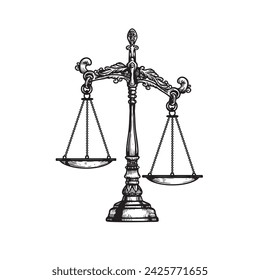 Vintage balance scales. Sketch hand drawn engraving retro style. Weighing, libra, justice symbol. Vector illustration isolated on white.