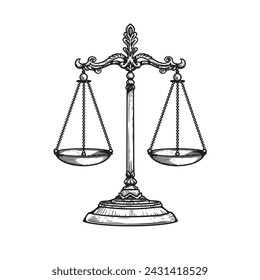 Vintage balance scales. Sketch hand drawn engraving retro style. Weighing, libra, justice symbol. Vector illustration isolated on white.