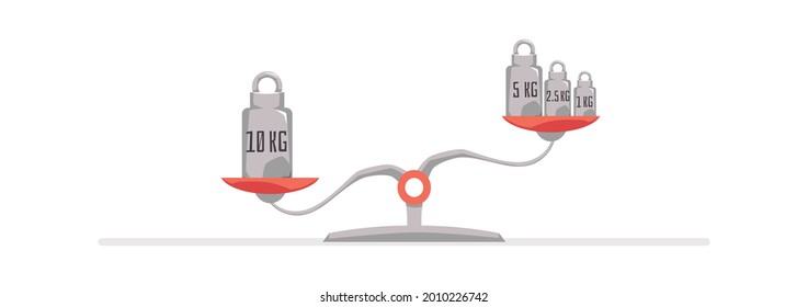 Vintage balance weighing scales with metal weights on plates. Vintage measure tool with one big heavy mass and three smaller masses, flat isolated vector illustration.