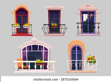 Vintage balconies with glass doors, windows, flowers in pots and fences. Vector cartoon set of balconies with metal railing and white balustrade, chair and plants on terrace. House facade elements