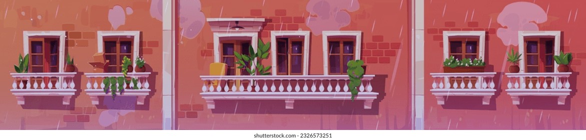 Vintage balcony in building with window and fence vector illustration. Rain in city palace with classic white railing, door and decorative handrail. European front terrace exterior and crack on wall