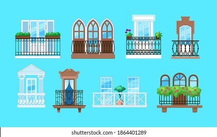 Vintage balcony with facade building. Balcony windows, house facade of wooden banister porch or metal forged fences. Home facade balconies with windows, doors, potted plants retro decor cartoon vector