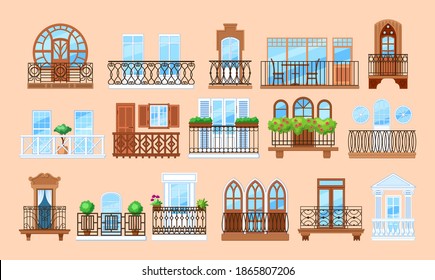 Vintage balcony with facade building. Balcony windows, house facade of wooden banister porch or metal forged fences. Home facade balconies with windows, doors, potted plants retro decor cartoon vector