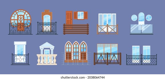 Vintage balcony with fence facade building. Balcony windows, house facade of wooden banister porch or metal forged fences. Home facade balconies with windows, doors retro decor flat vector