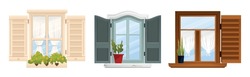 Vintage balcony window icon set three isolated colored windows beige gray and brown vector illustration