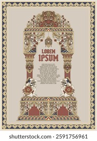 Vintage Balinese and Javanese ornamental cover with Barong mask, wayang mythology, floral patterns, and medieval-inspired frame. Perfect for invitations, labels, book covers, and backgrounds.