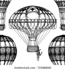 Vintage balloon Vector image on blackboard Chalk Illustration Seamless vector pattern with hot air balloon Balloon festivals