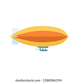 Vintage baloon with basket zeppelin aircraft in the flight. Retro air dirigible journey flat vector illustration isolated on white background.