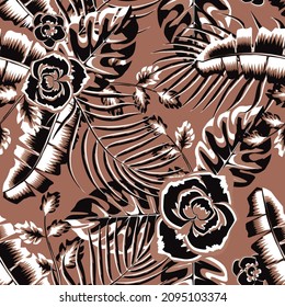 vintage banana Palm and monstera leaves seamless pattern on chocolate background. Vector seamless pattern with tropical plants. Jungle foliage illustration. Exotic design and ornament. jungle prints