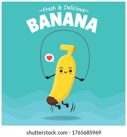 Vintage banana poster design with vector banana character. 