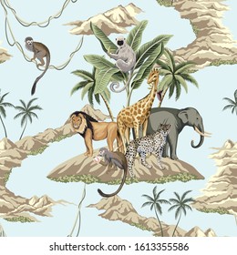 Vintage banana tree, palm tree, lion, monkey, indian elephant, giraffe animal, mountain floral seamless pattern white background. Exotic safari wallpaper.