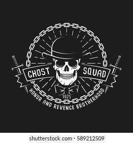 Vintage bandit logo with skull in bowler hat, daggers, ribbon, chain and sunburst on a black background. Vector illustration.