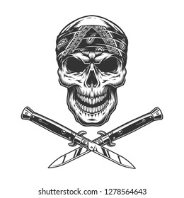 Vintage bandit skull in bandana with crossed knives isolated vector illustration