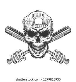 Vintage bandit skull in hipster cap and skeleton hands holding crossed baseball bats isolated vector illustration