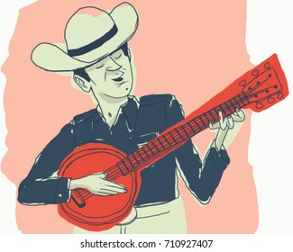 vintage banjo player with cowboy hat vector illustration