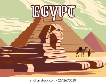 Pancarta Vintage Ancient Sphinx, Egipto Pharaoh Pyramids. Viaje a Egipto, desierto del Sahara, camello con egipto. vector de ilustración de tarjeta retro