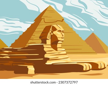 Vintage Banner Ancient Sphinx, Egypt Pharaoh Pyramids. Travel to Egypt Country, Sahara desert. Retro card illustration vector