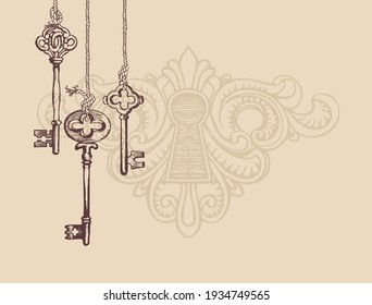 Vintage banner or background with an old keys and keyhole on a light backdrop. Vector illustration in retro style with a hand-drawn old keys hanging on a string and place for text