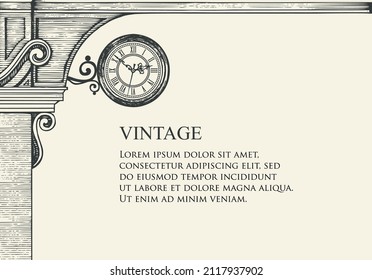 Vintage banner or background with round street clock, medieval arch and place for text on a light background. Hand-drawn vector illustration in retro style, suitable for certificate or diploma