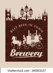 Vintage banner for the brewery with horse carriage in the old town