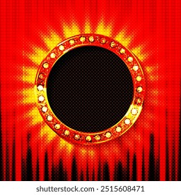 Vintage banner with bright bulbs,dome tent, highlight, gold stars, ribbon and garlands. Fun fair vector poster. Bright retro frame with text. Eps 10.