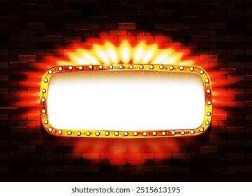 Vintage banner with bright bulbs,dome tent, highlight, gold stars, ribbon and garlands. Fun fair vector poster. Bright retro frame with text. Eps 10.