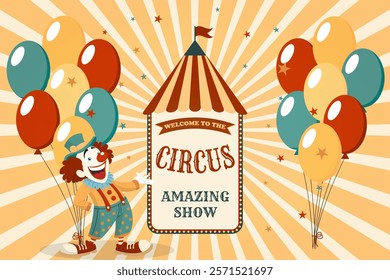 Vintage banner for circus show with funny clown and balloons. Vector illustration