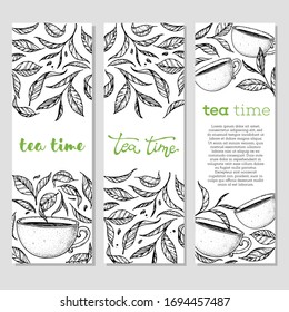 Vintage banner collection. Cup of tea vector illustration. Tea leaf and cup. Hand drawn sketch. Engraved style.