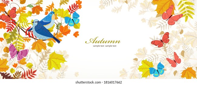 vintage banner with couple of blue birds on branch of autumn tree and flying butterflies for your design