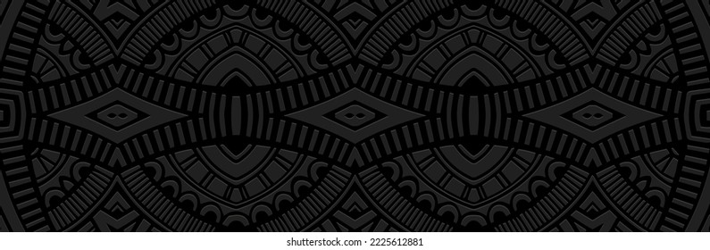 Vintage banner, cover design. Embossed geometric 3d pattern on a black background, paper press, boho style, doodle and zentangle technique. Tribal ethnicity, decorative ornaments for decor and design.