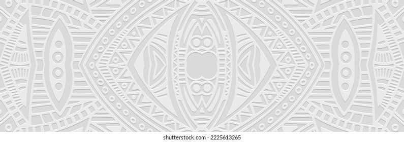 Vintage banner, cover design. Embossed geometric 3d pattern on a white background, paper press, boho style, doodle and zentangle technique. Tribal ethnicity, elegant ornaments for decor and design.
