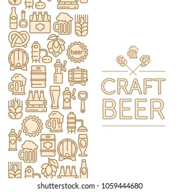 Vintage banner for craft brewery, linear icons and text on white. Vector illustration.