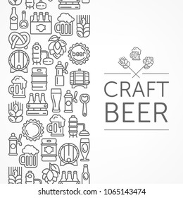 Vintage banner for craft brewery, linear grayscale icons and text on white. Vector illustration.